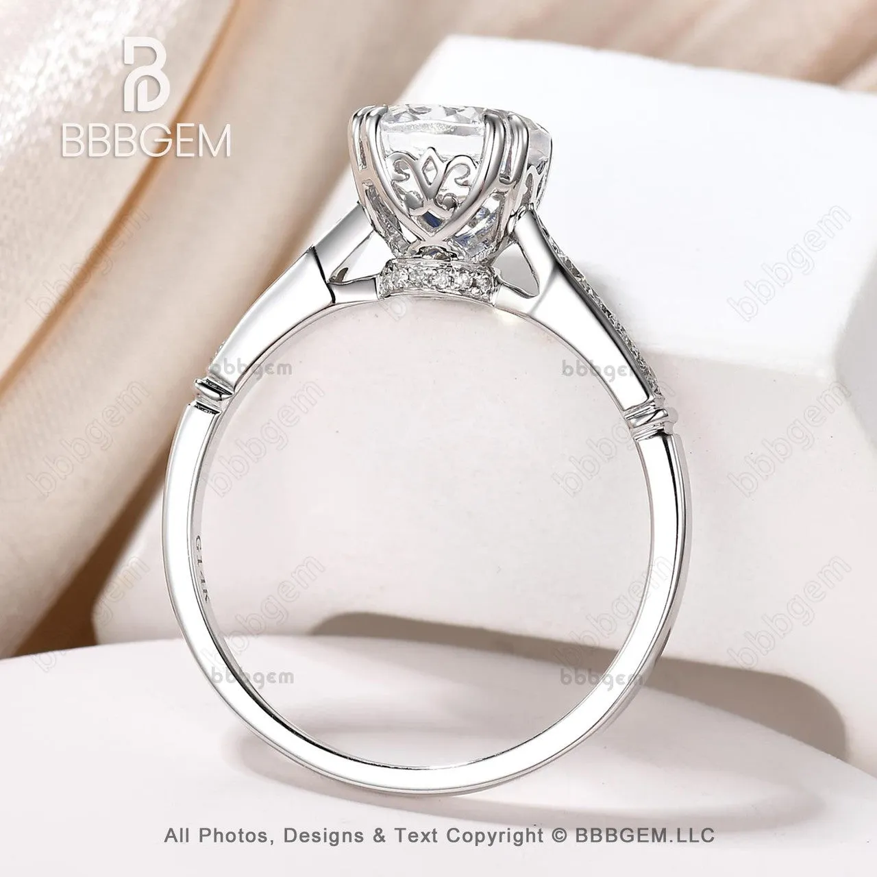 18K White Gold Unique 7mm Round Moonstone and Diamond Engagement Cathedral Hidden Halo Ring Floral