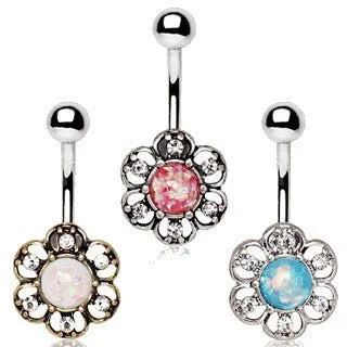 316L Stainless Steel Synthetic Opal Floral Navel Ring by Fashion Hut Jewelry