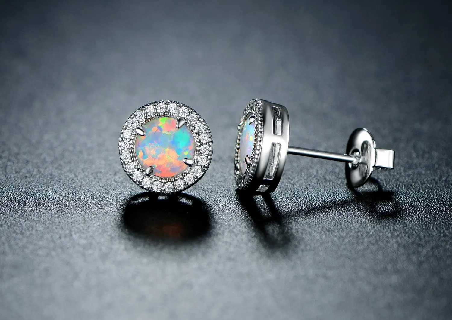 Barzel 18K Rose Gold Plated or White Gold Plated Created Opal Halo Stud