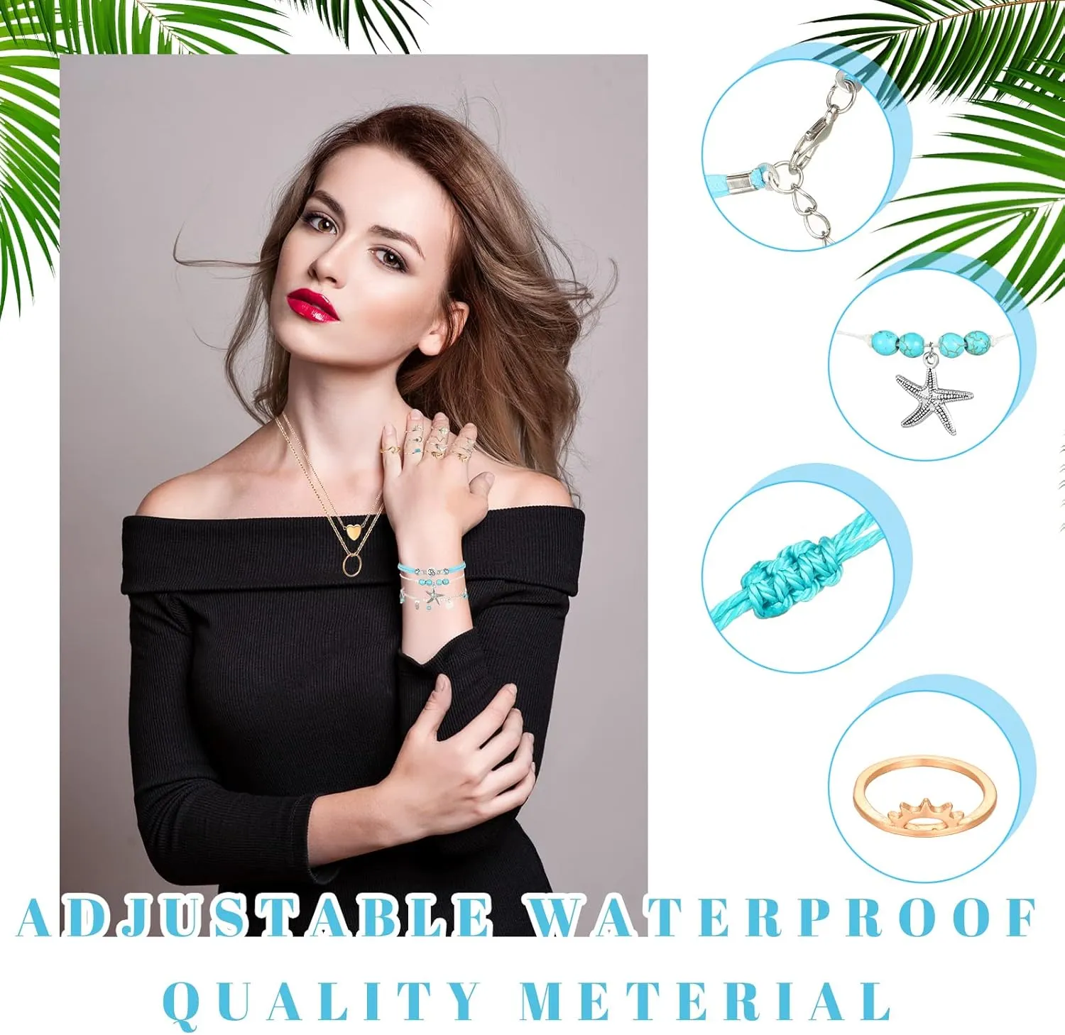 Batiyeer 60 Pcs Christmas Surfer Wave Friendship Bracelet Layered Choker Pendant Necklace Adjustable Multilayer Chain Bracelet Anklets Knuckle Rings for Women Xmas Gifts