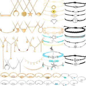 Batiyeer 60 Pcs Christmas Surfer Wave Friendship Bracelet Layered Choker Pendant Necklace Adjustable Multilayer Chain Bracelet Anklets Knuckle Rings for Women Xmas Gifts