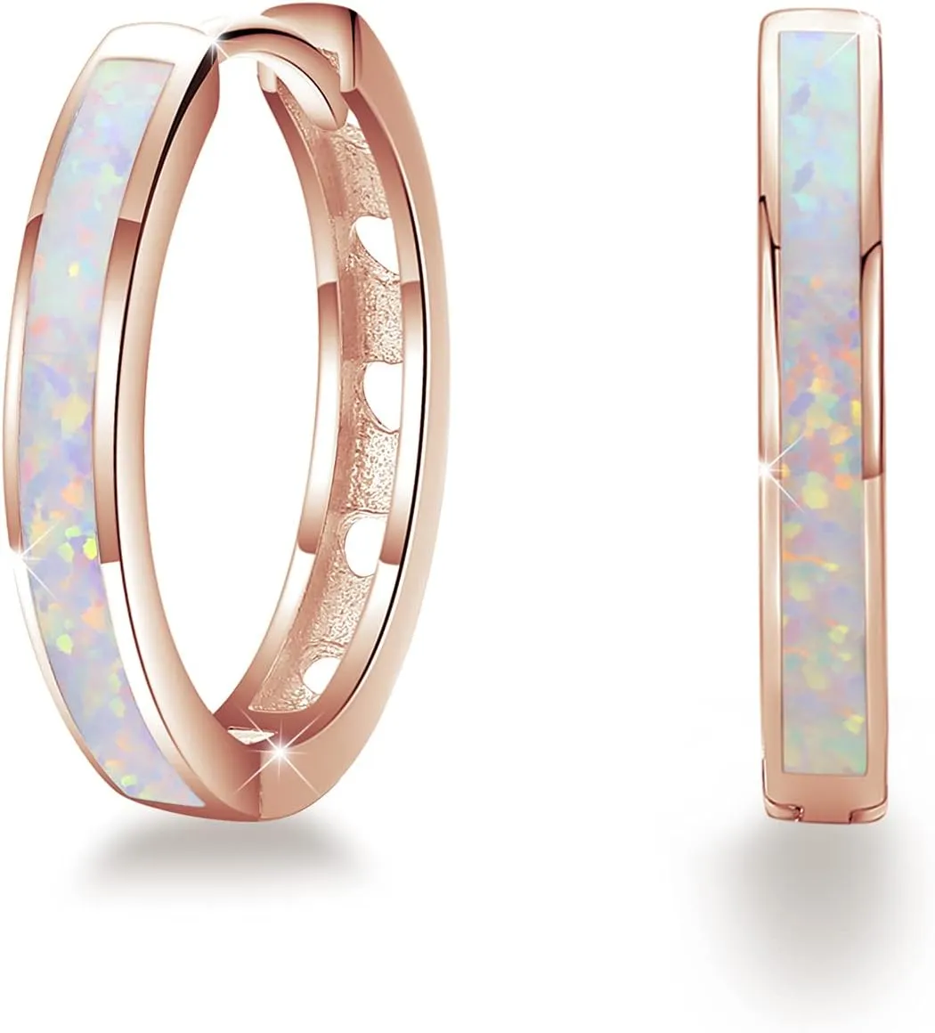 CUOKA MIRACLE Hoop Earrings for Women Opal Hoop Earrings Hinged Huggie Earrings 925 Sterling Silver Hypoallergenic Earrings for Sensitive Ears Simulated Opal Colorful Jewelry Birthday Christmas Gift