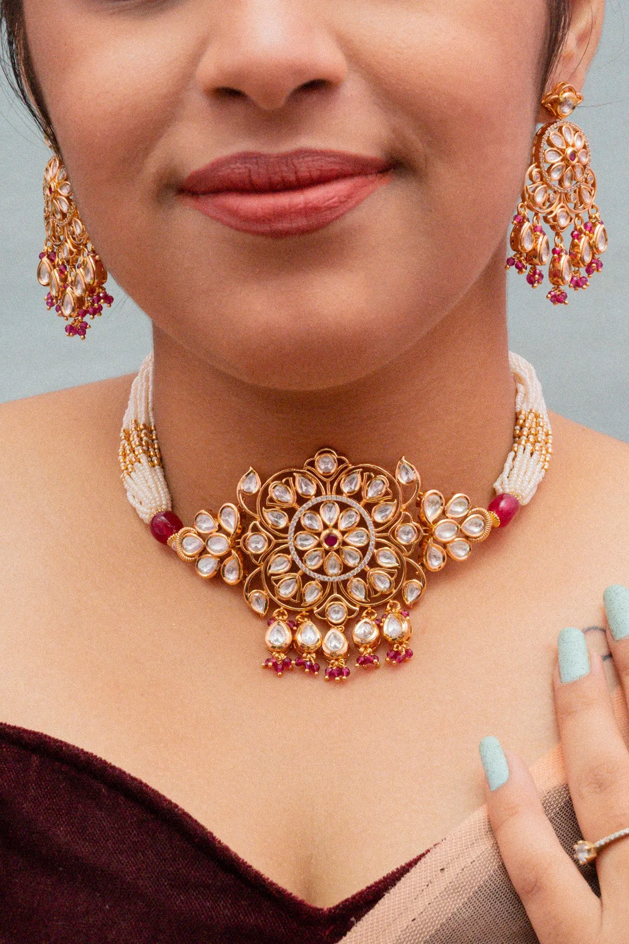 Designer Gold Plated Kundan Choker Style Necklace with Earrings (D850)