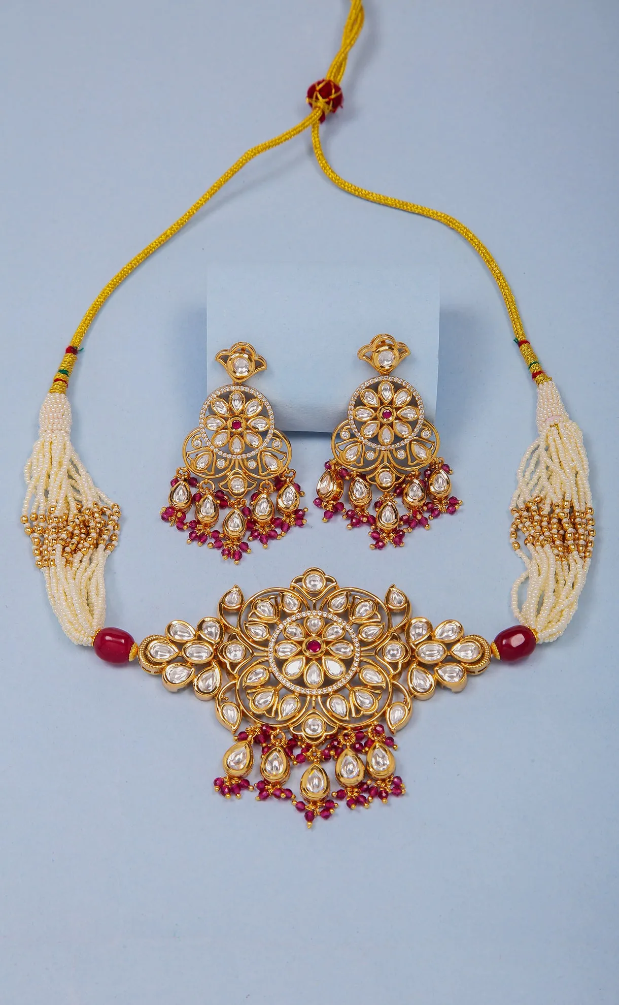 Designer Gold Plated Kundan Choker Style Necklace with Earrings (D850)