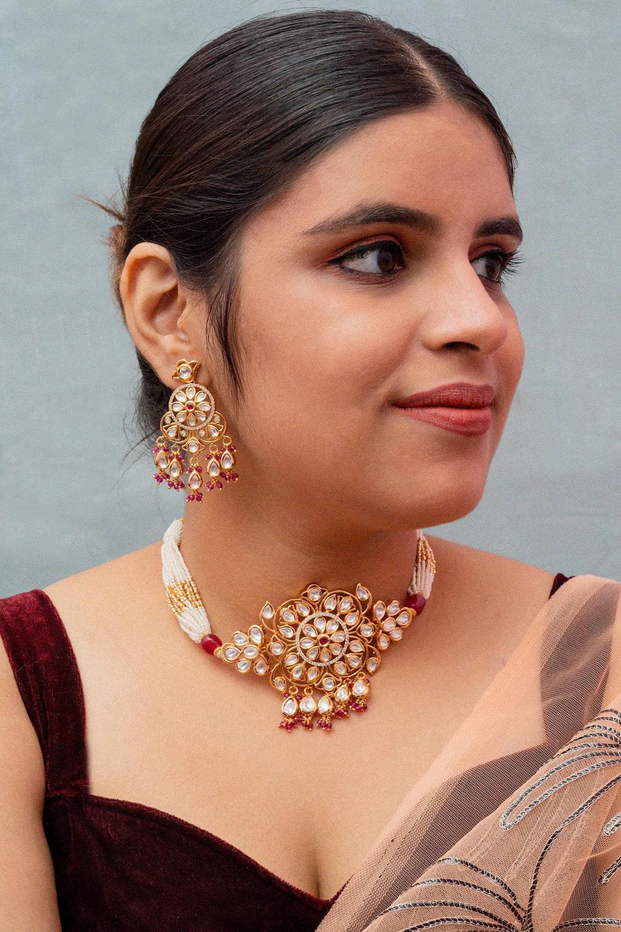 Designer Gold Plated Kundan Choker Style Necklace with Earrings (D850)