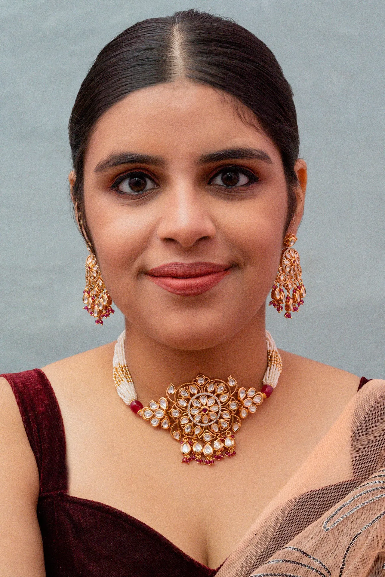Designer Gold Plated Kundan Choker Style Necklace with Earrings (D850)