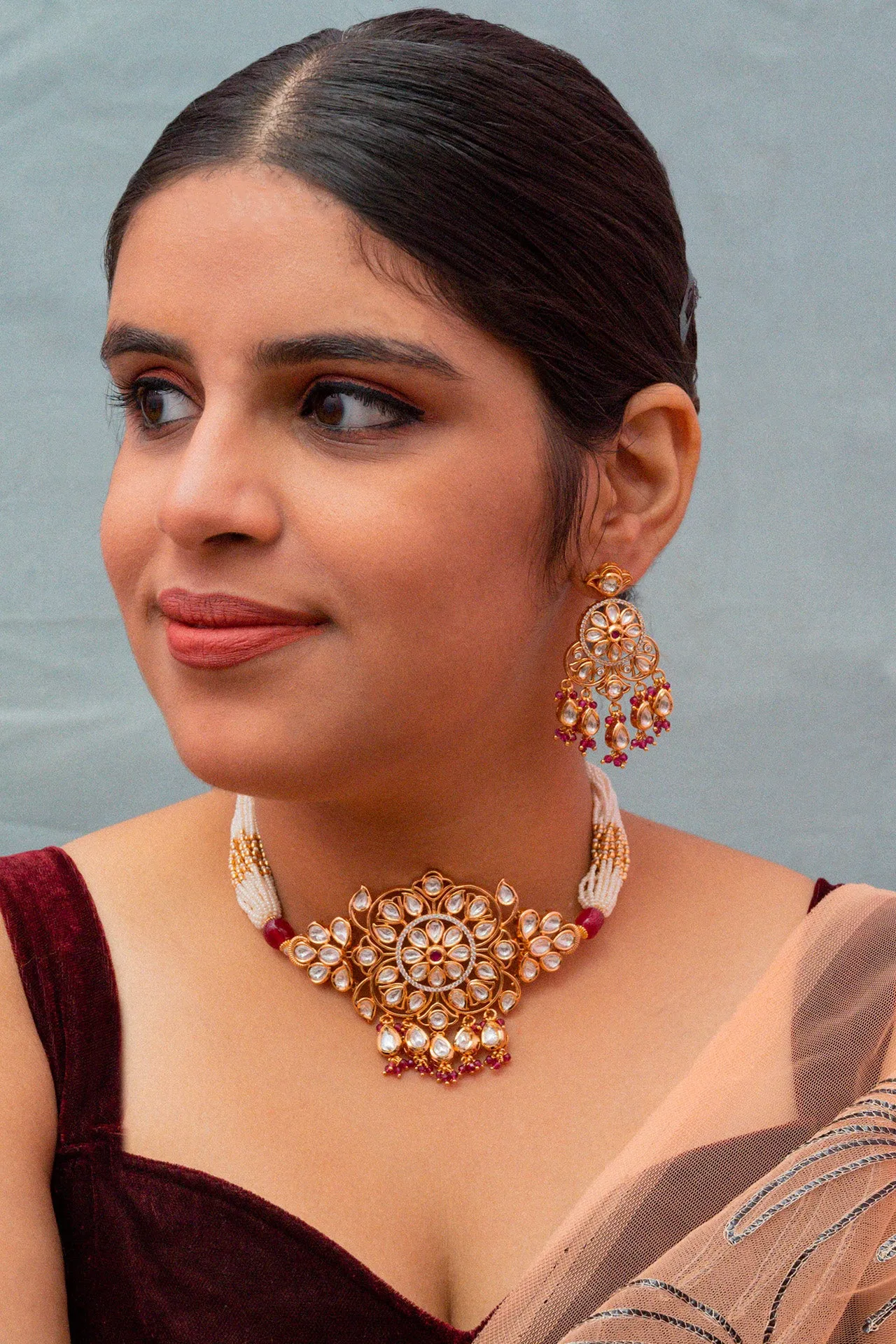 Designer Gold Plated Kundan Choker Style Necklace with Earrings (D850)