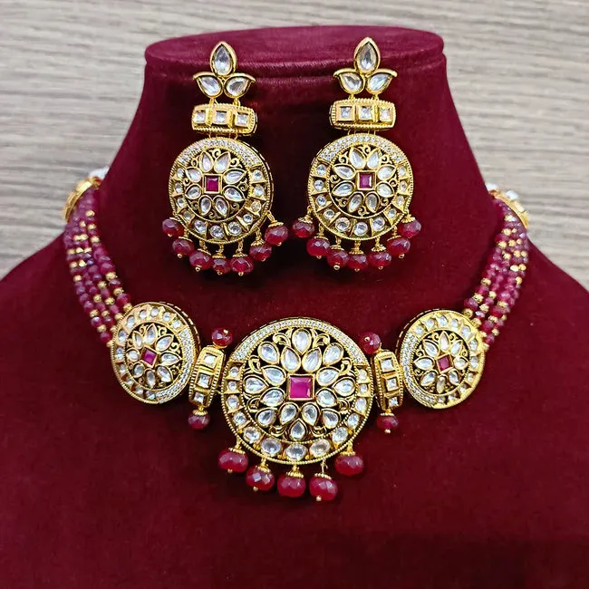 Designer Gold Plated Royal Kundan Beaded Choker Style Necklace with Earrings (D412)