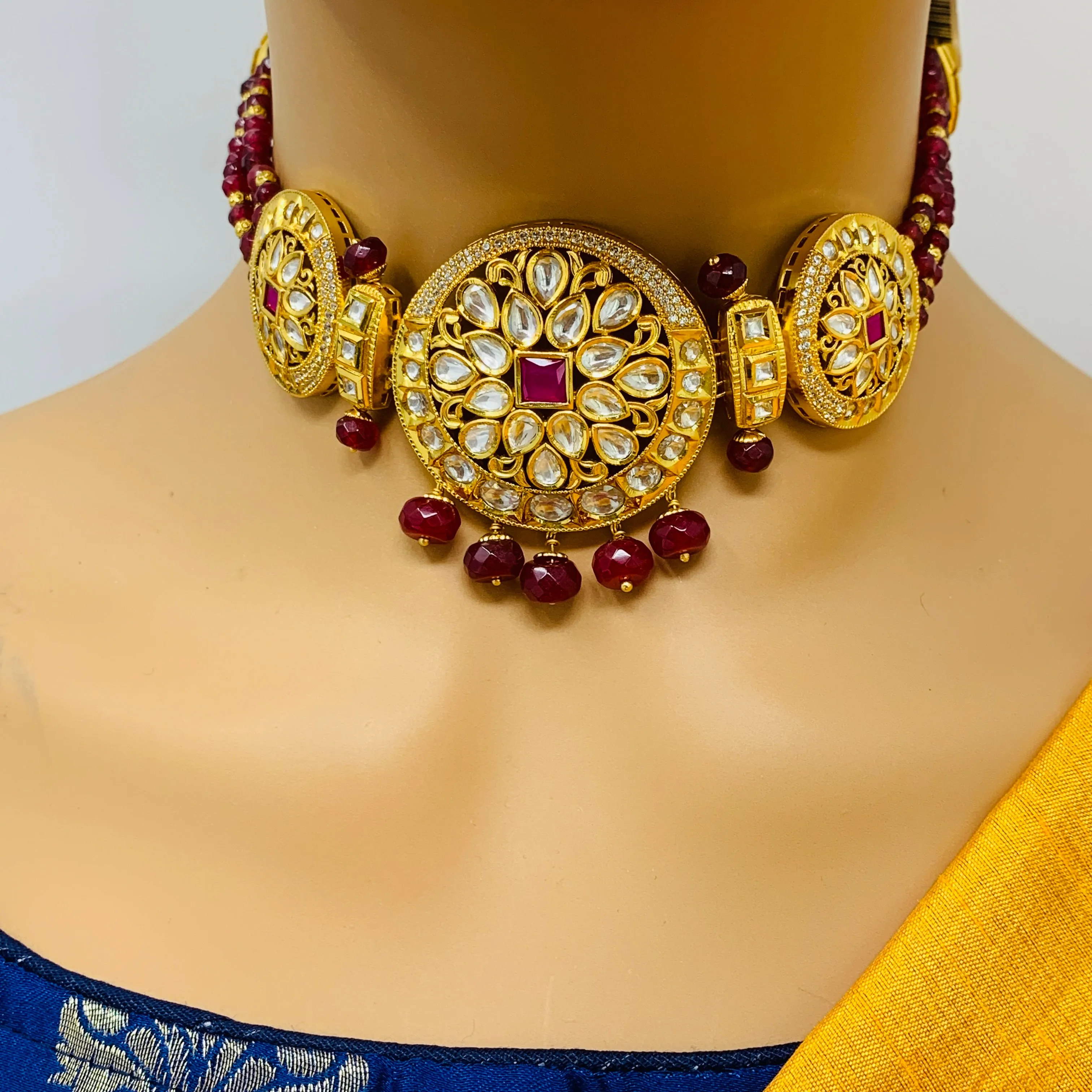 Designer Gold Plated Royal Kundan Beaded Choker Style Necklace with Earrings (D412)