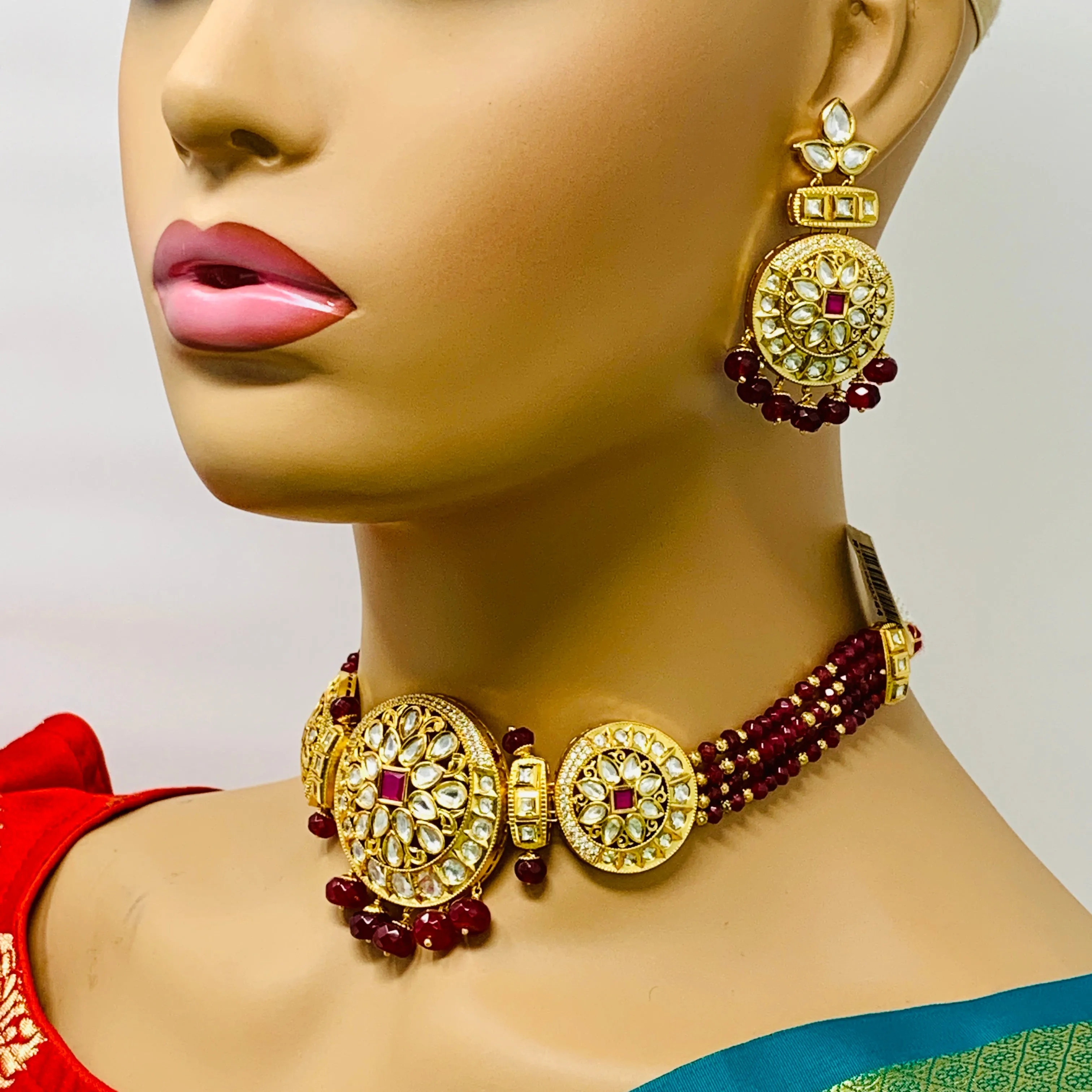 Designer Gold Plated Royal Kundan Beaded Choker Style Necklace with Earrings (D412)