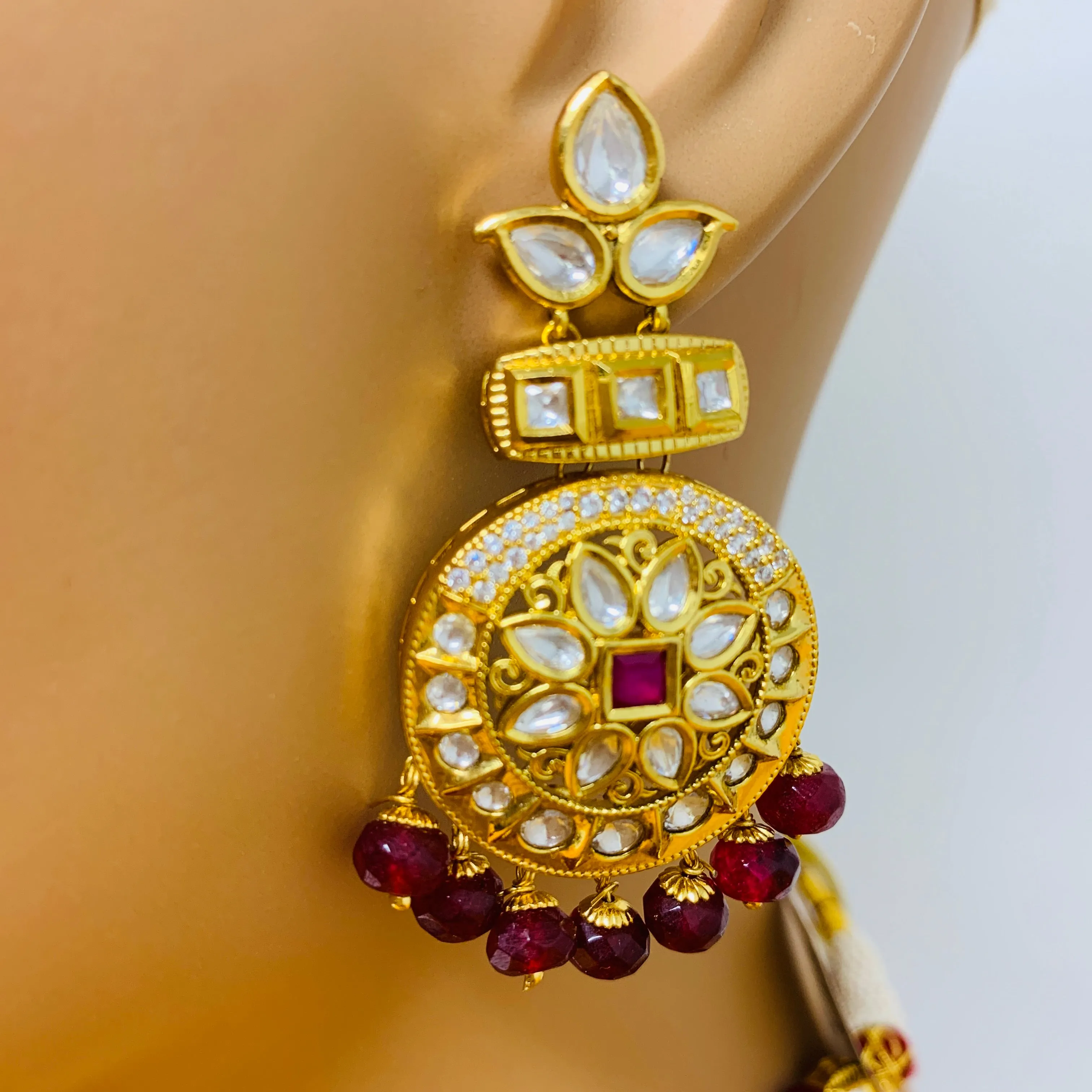 Designer Gold Plated Royal Kundan Beaded Choker Style Necklace with Earrings (D412)