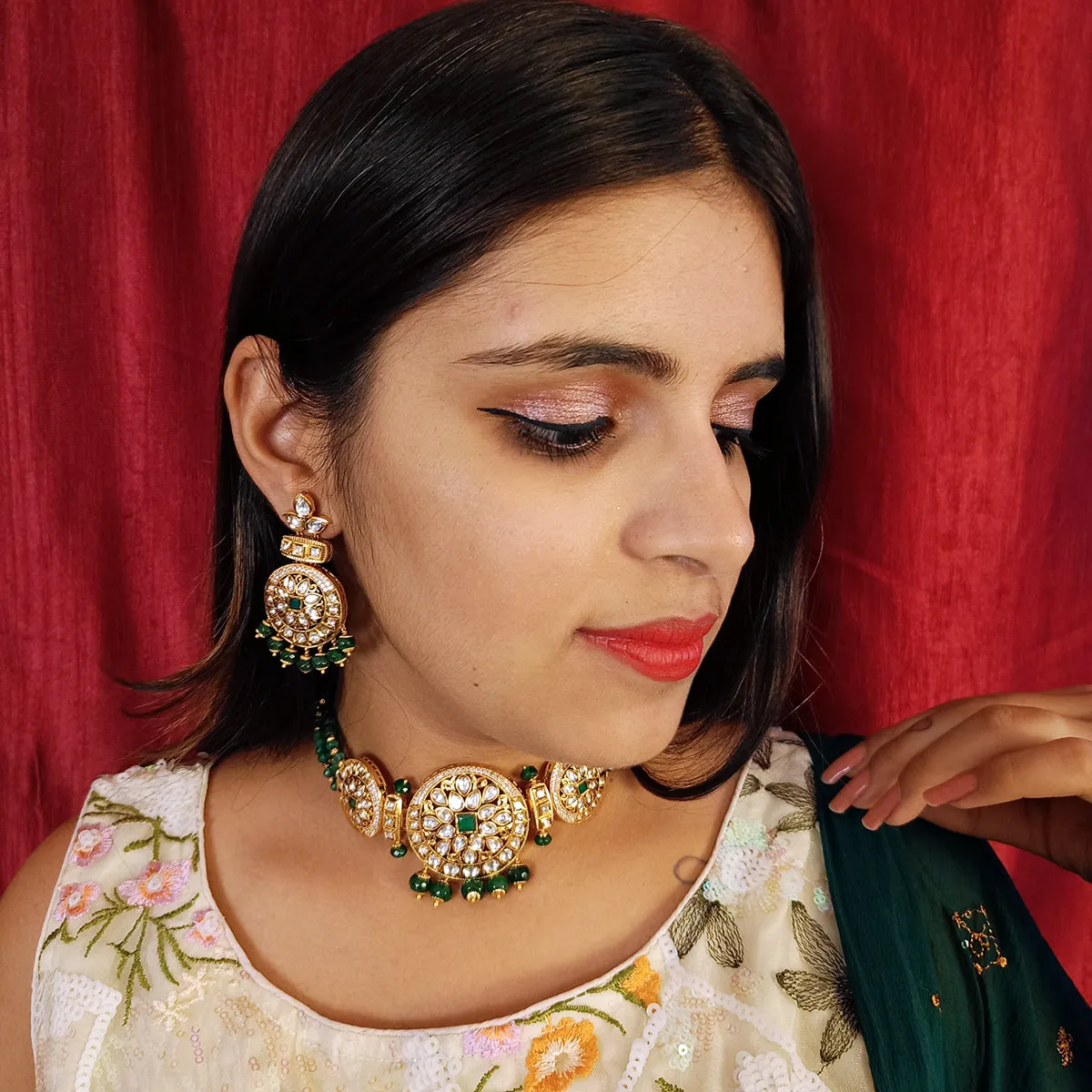 Designer Gold Plated Royal Kundan Beaded Choker Style Necklace with Earrings (D412)