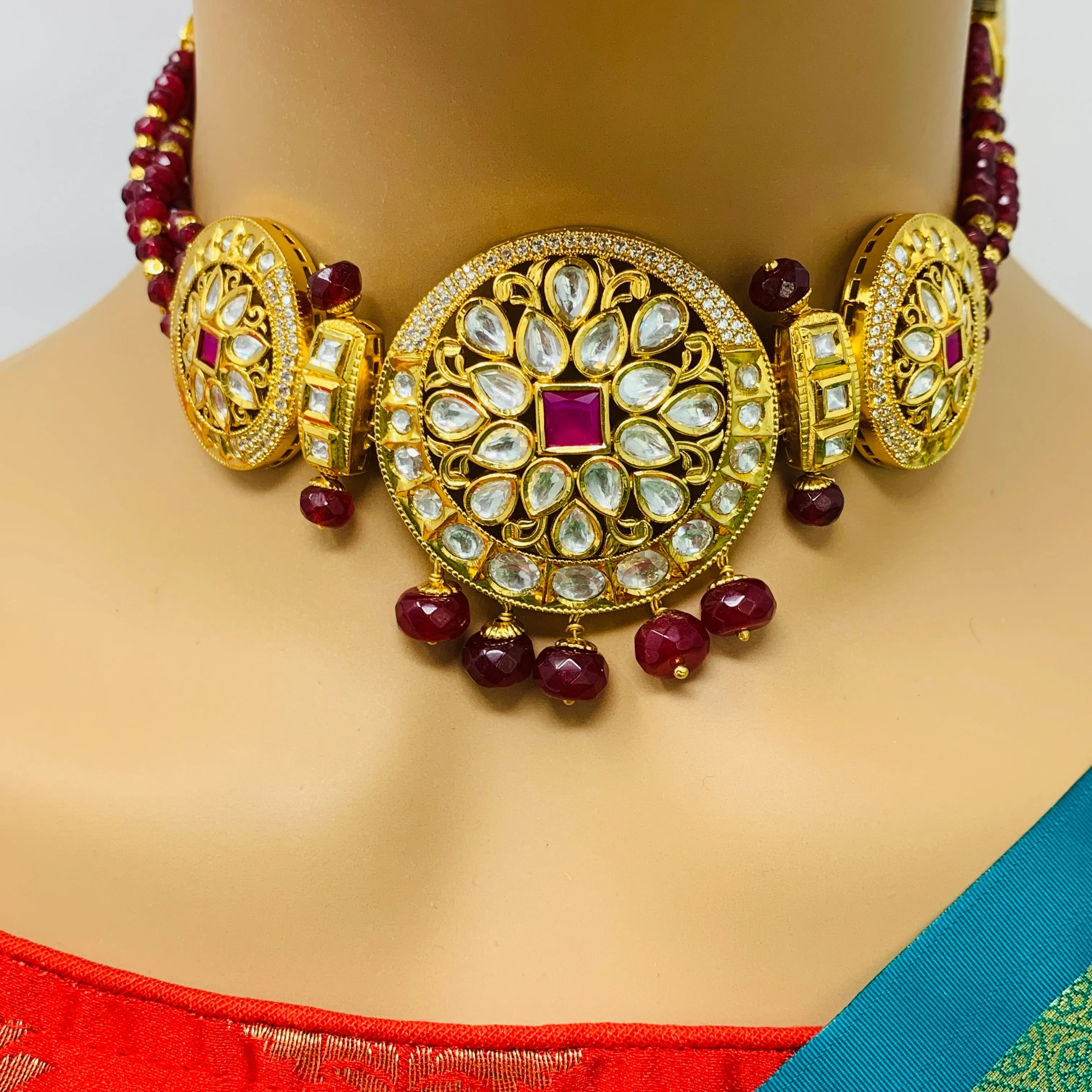 Designer Gold Plated Royal Kundan Beaded Choker Style Necklace with Earrings (D412)