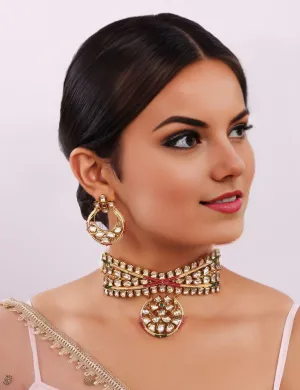 Designer Gold Plated Royal Kundan Choker Style Necklace with Earrings (D799)