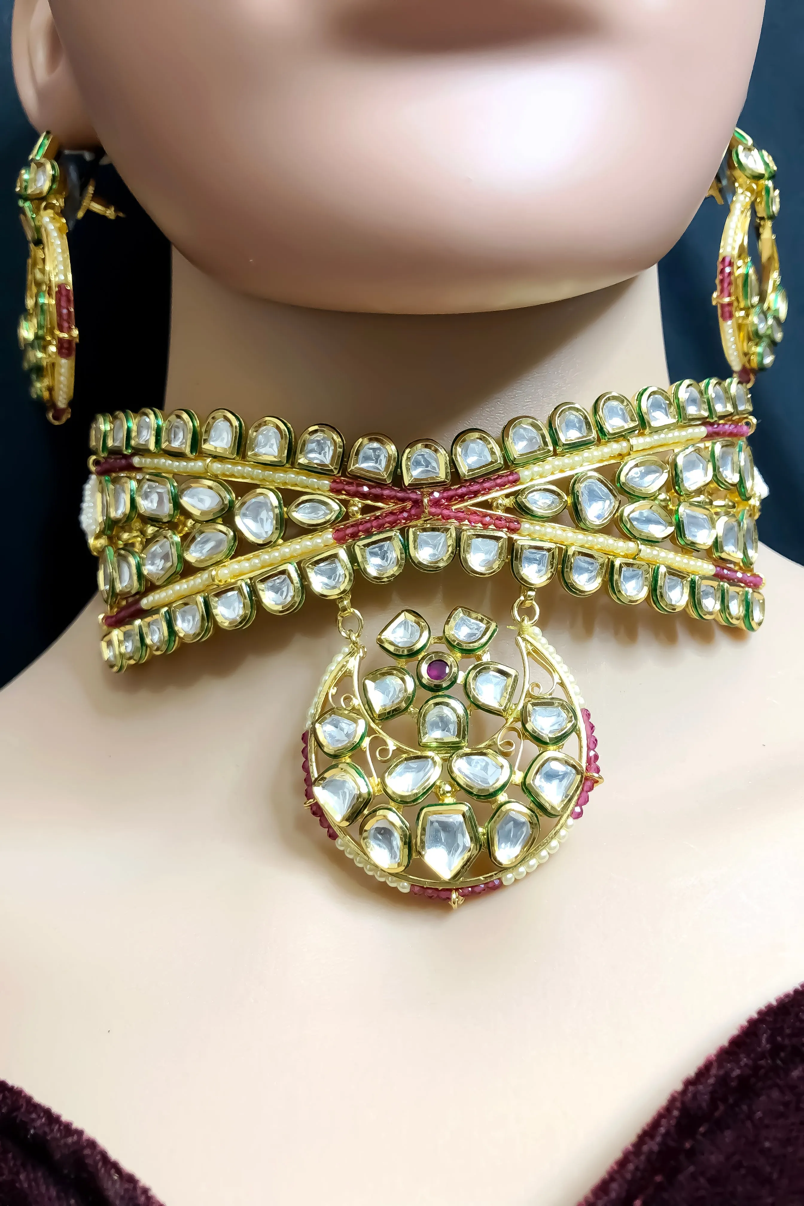 Designer Gold Plated Royal Kundan Choker Style Necklace with Earrings (D799)