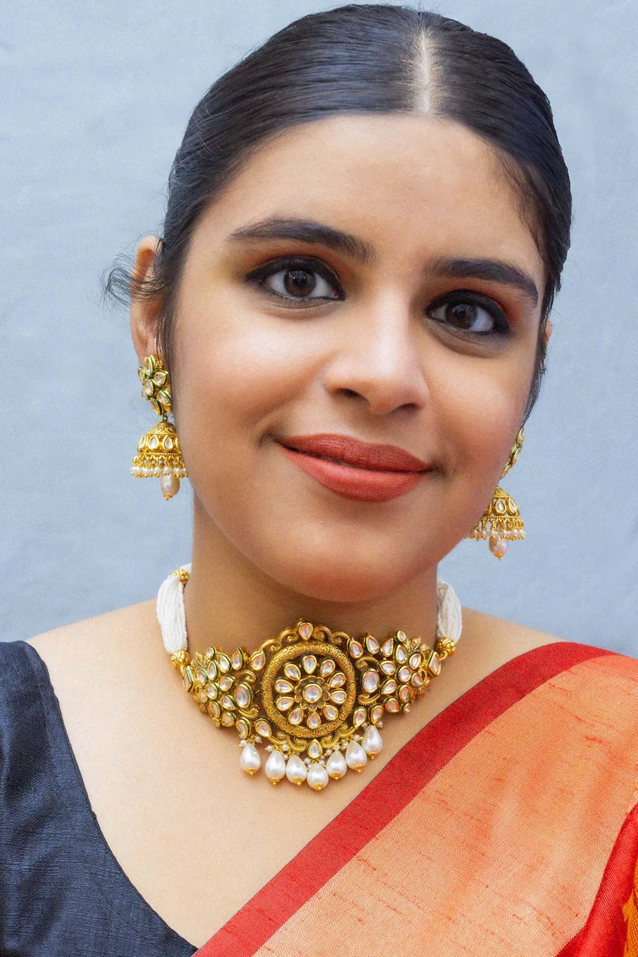 Designer Gold Plated Royal Kundan Choker Style Necklace with Earrings (D861)