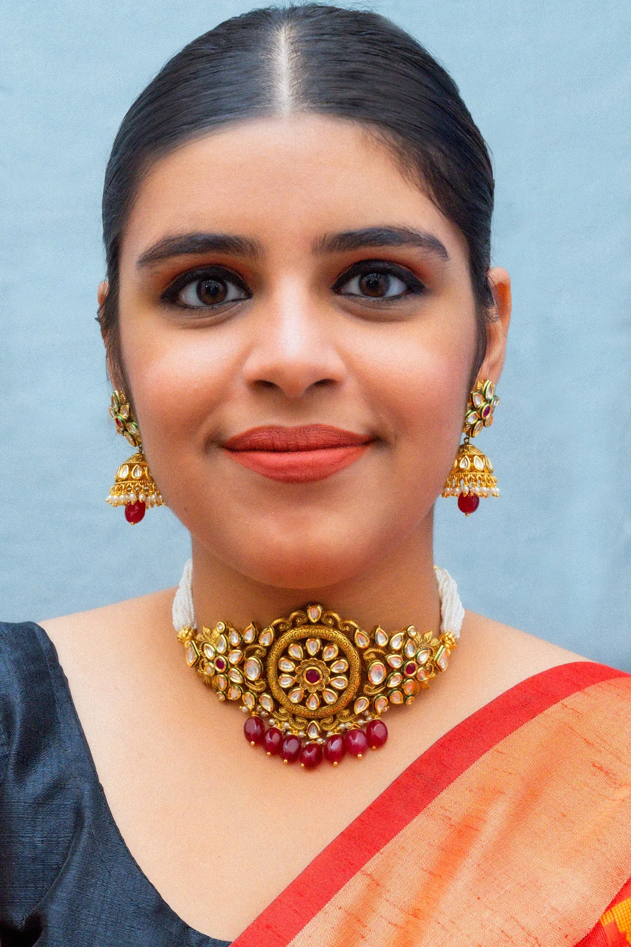Designer Gold Plated Royal Kundan Choker Style Necklace with Earrings (D861)