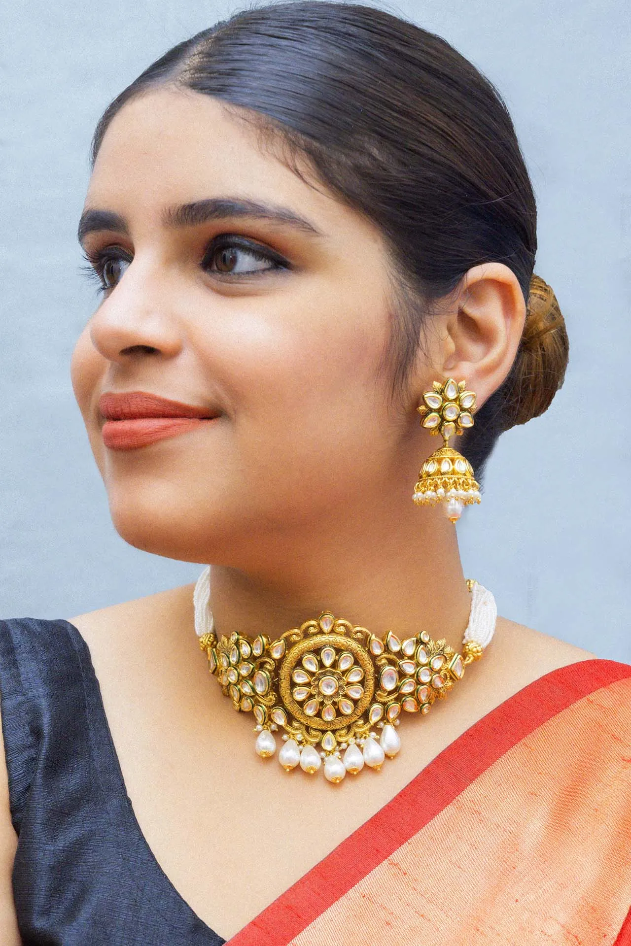 Designer Gold Plated Royal Kundan Choker Style Necklace with Earrings (D861)