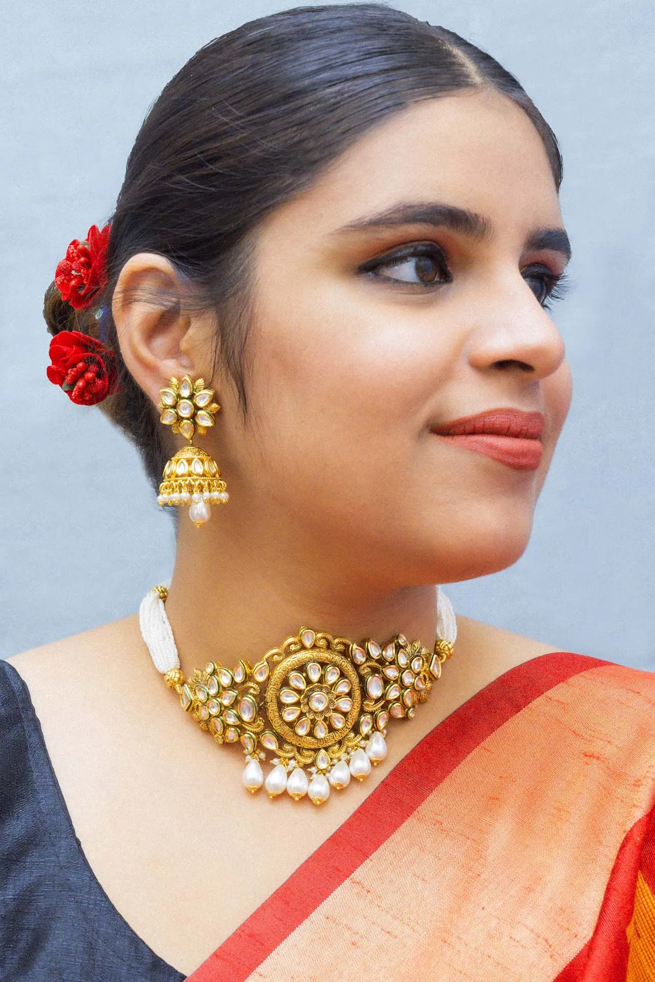 Designer Gold Plated Royal Kundan Choker Style Necklace with Earrings (D861)