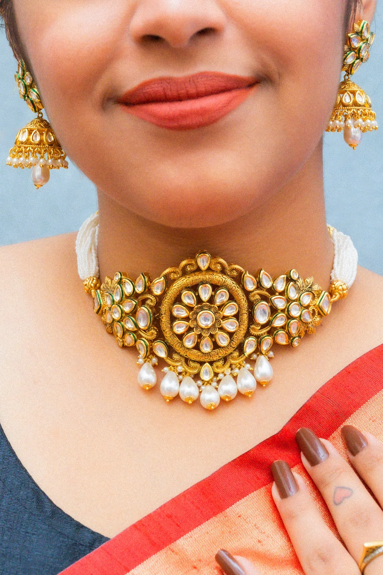 Designer Gold Plated Royal Kundan Choker Style Necklace with Earrings (D861)