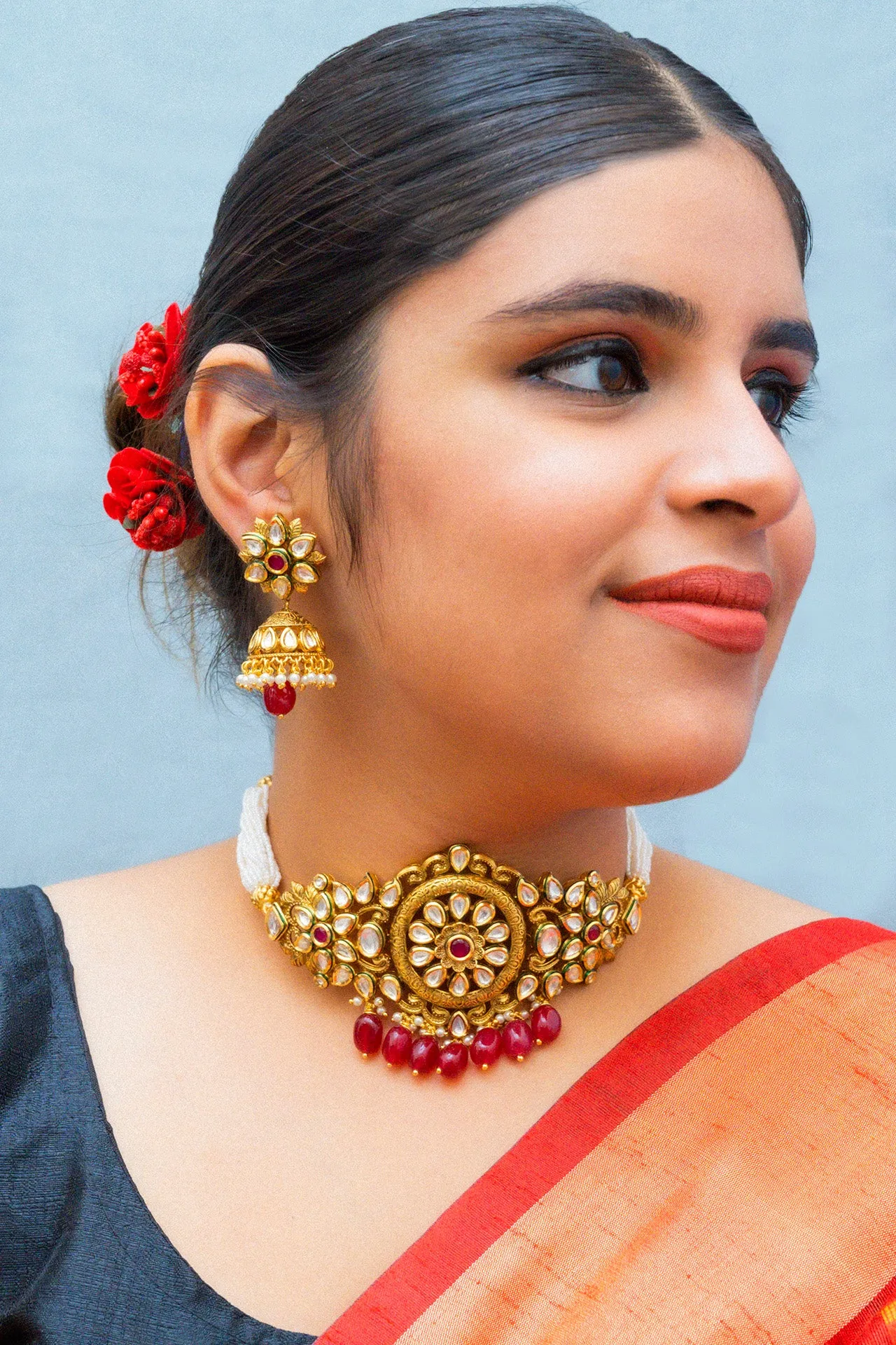 Designer Gold Plated Royal Kundan Choker Style Necklace with Earrings (D861)