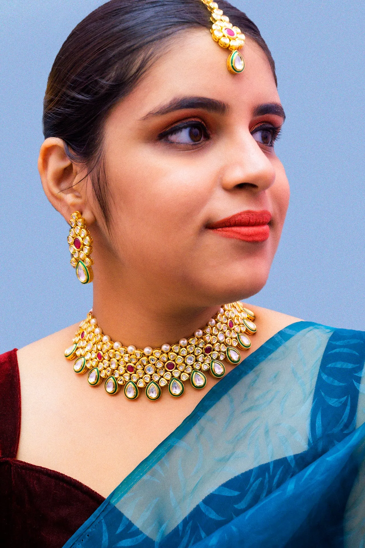 Designer Gold Plated Royal Kundan Choker Style Necklace with Earrings (D863)