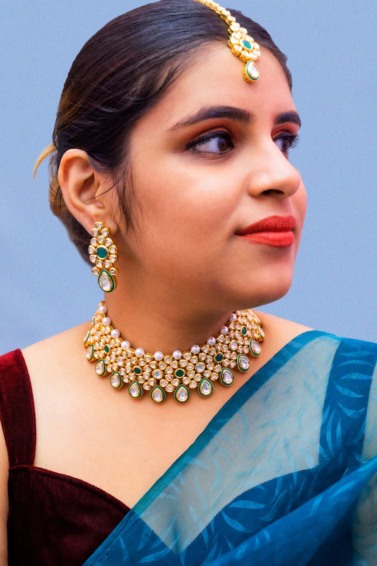 Designer Gold Plated Royal Kundan Choker Style Necklace with Earrings (D863)