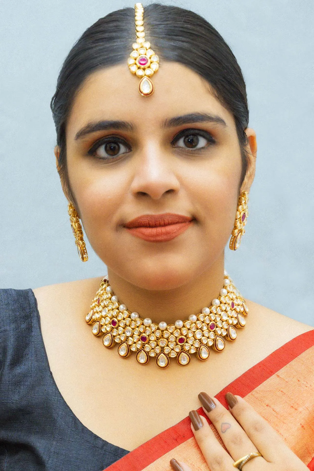 Designer Gold Plated Royal Kundan Choker Style Necklace with Earrings (D863)