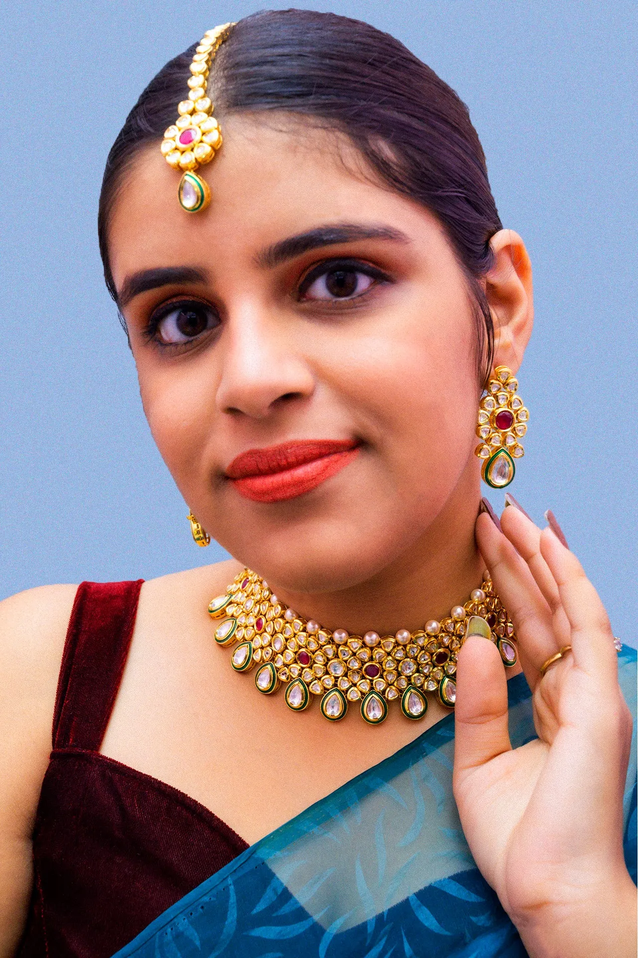 Designer Gold Plated Royal Kundan Choker Style Necklace with Earrings (D863)