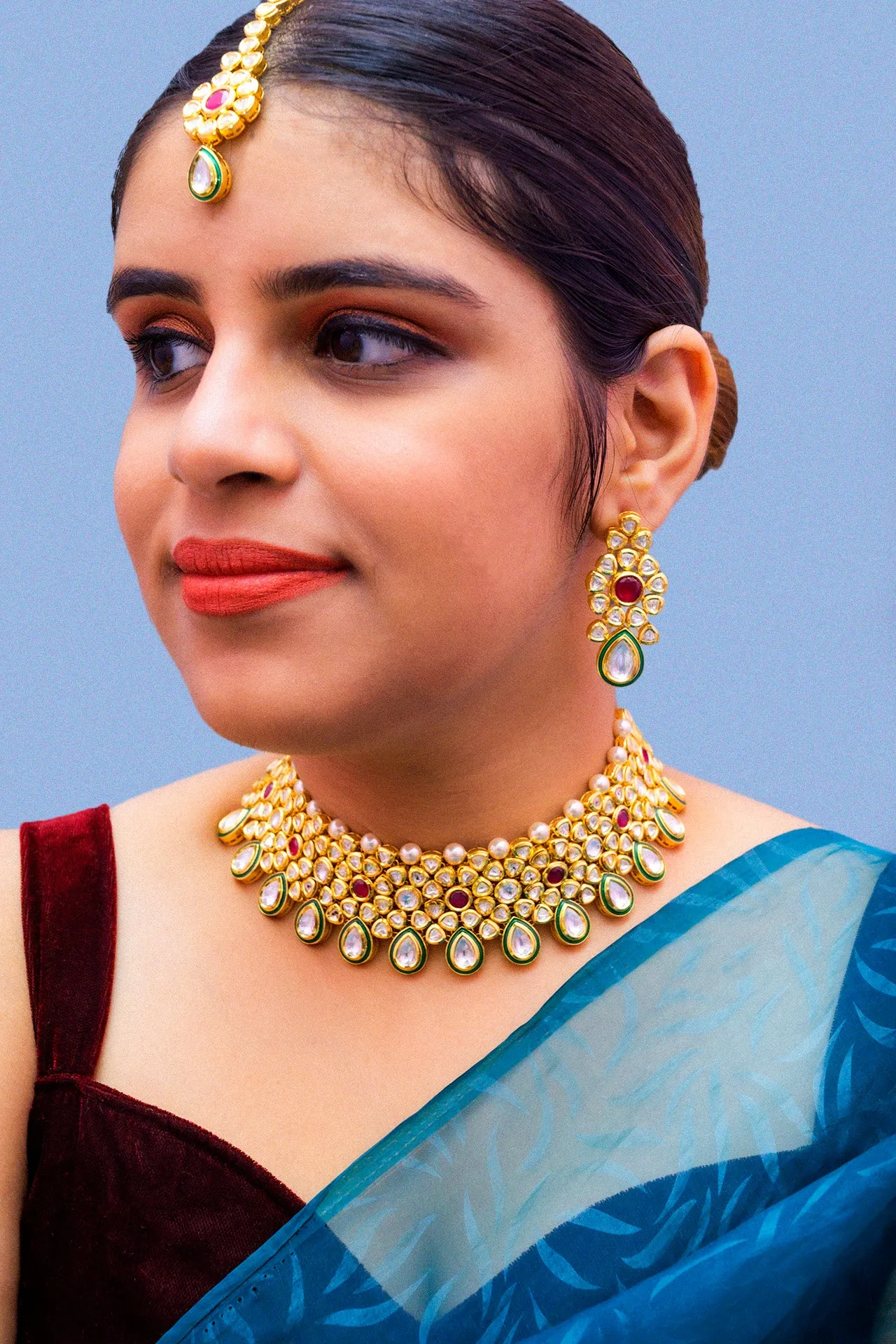 Designer Gold Plated Royal Kundan Choker Style Necklace with Earrings (D863)