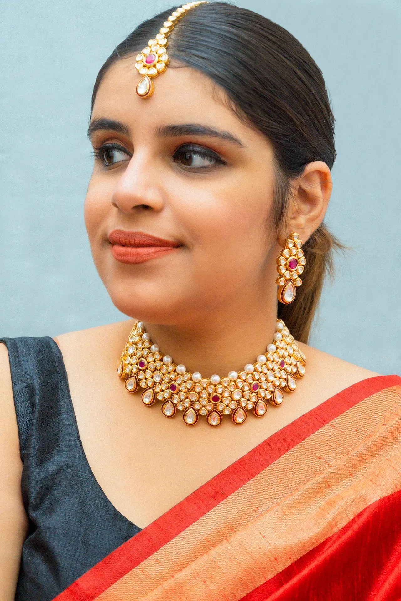 Designer Gold Plated Royal Kundan Choker Style Necklace with Earrings (D863)