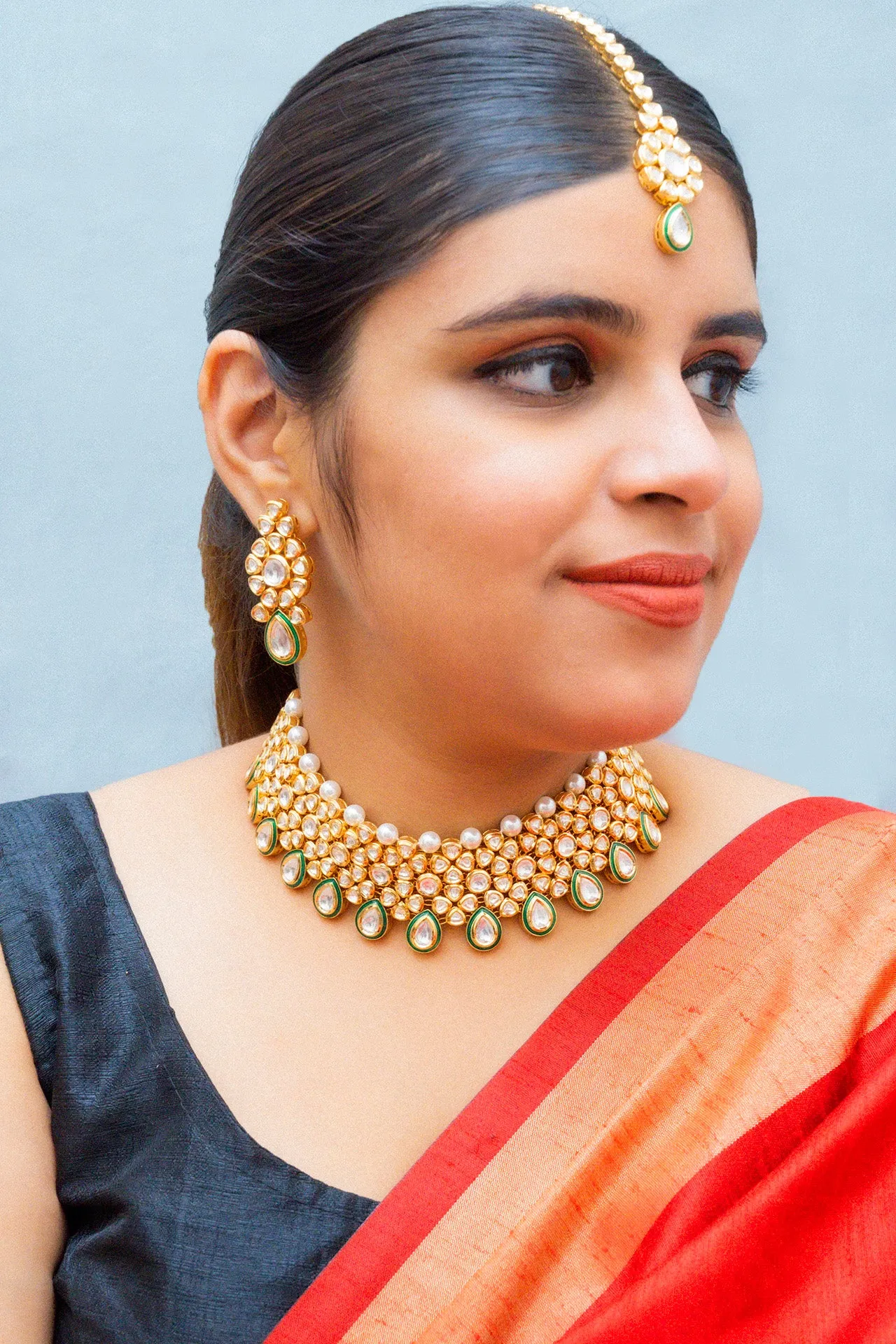 Designer Gold Plated Royal Kundan Choker Style Necklace with Earrings (D863)