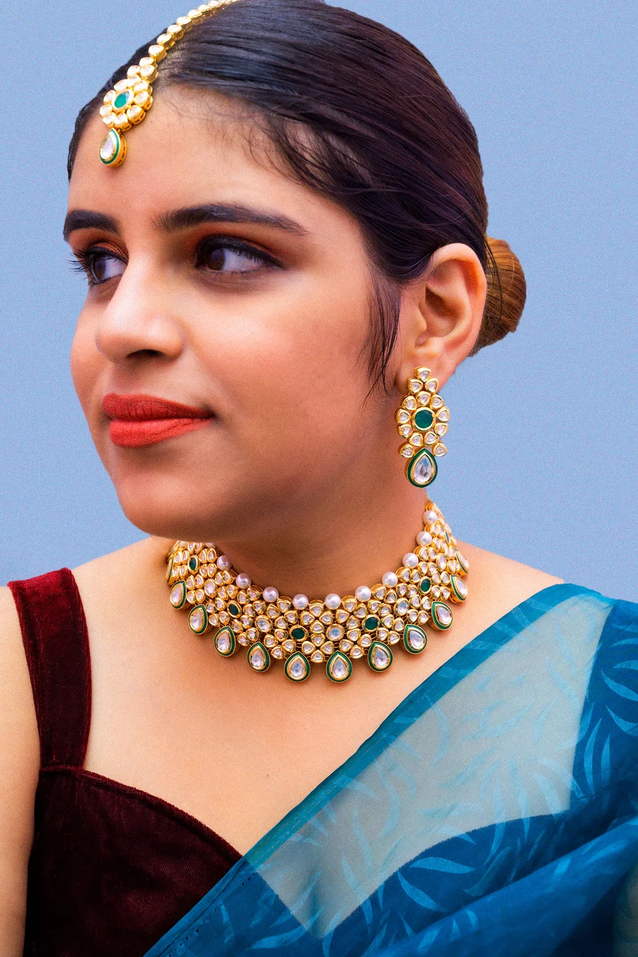 Designer Gold Plated Royal Kundan Choker Style Necklace with Earrings (D863)