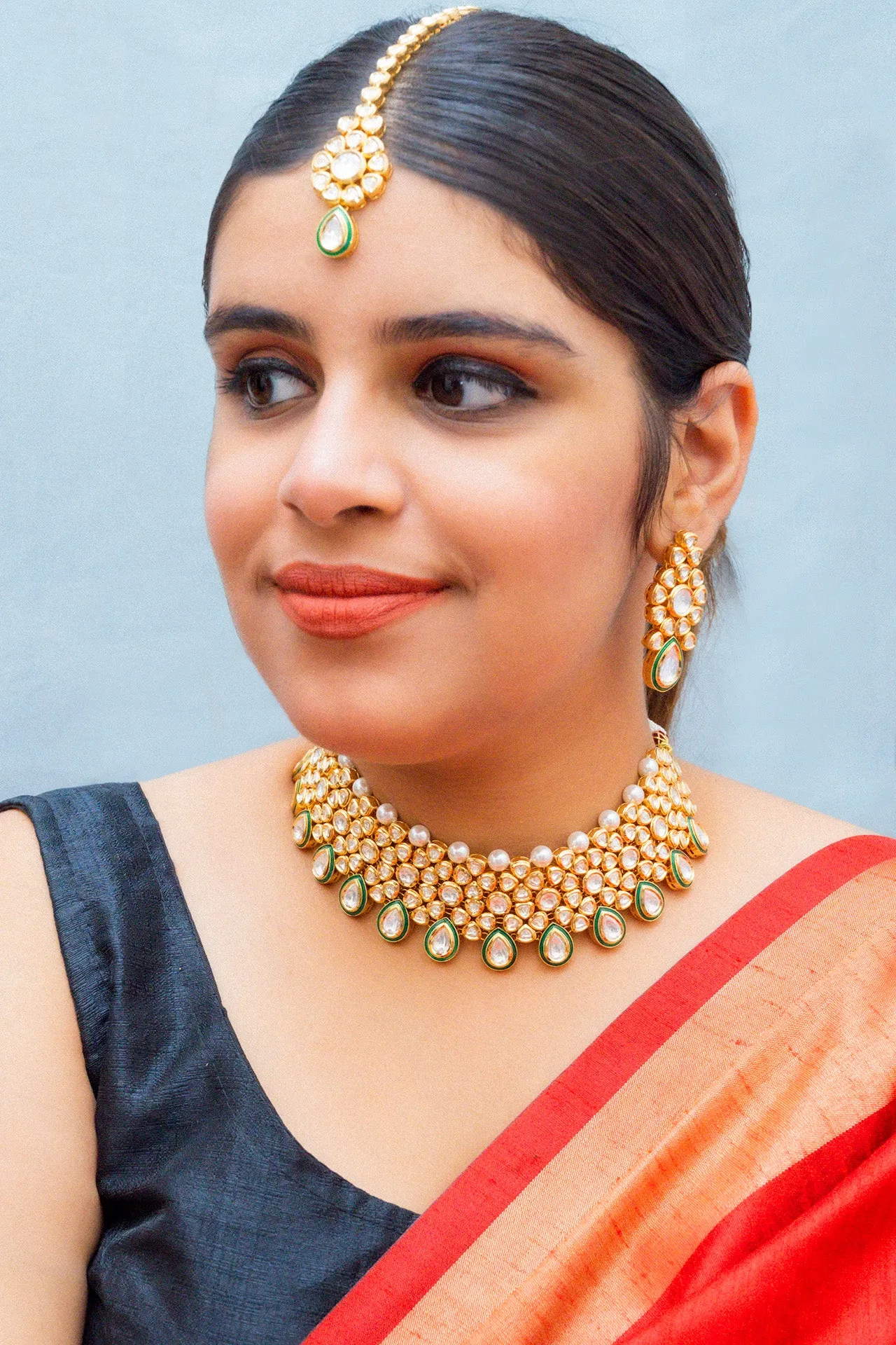 Designer Gold Plated Royal Kundan Choker Style Necklace with Earrings (D863)