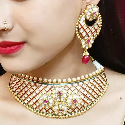 Designer White Kundan & Red Beads Choker Style Necklace with Earrings (D293)