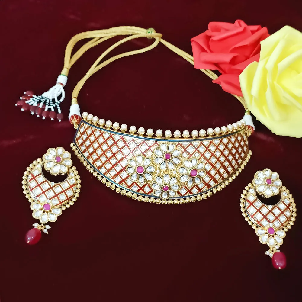 Designer White Kundan & Red Beads Choker Style Necklace with Earrings (D293)