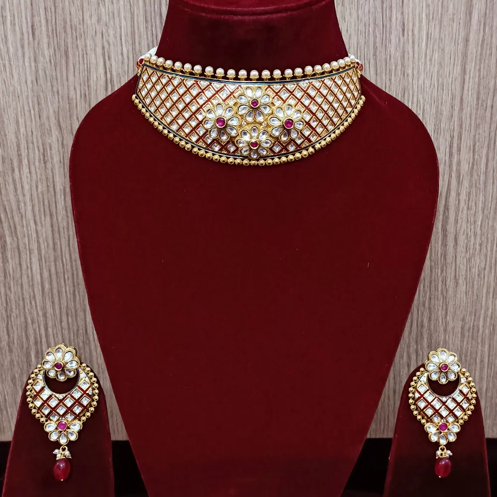 Designer White Kundan & Red Beads Choker Style Necklace with Earrings (D293)