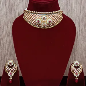 Designer White Kundan & Red Beads Choker Style Necklace with Earrings (D293)
