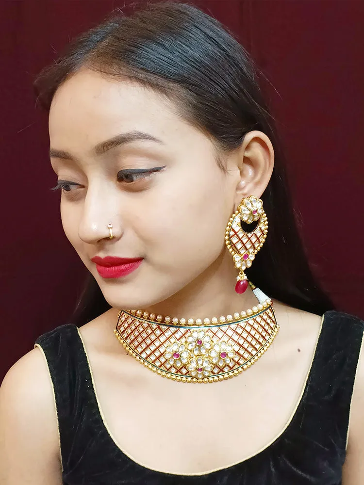 Designer White Kundan & Red Beads Choker Style Necklace with Earrings (D293)