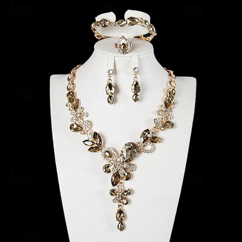 Elegant 4-Piece Geometric Bridal Jewelry Set for Women - Rings, Earrings, Necklace & Bracelets for Special Occasions