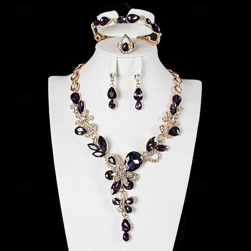 Elegant 4-Piece Geometric Bridal Jewelry Set for Women - Rings, Earrings, Necklace & Bracelets for Special Occasions