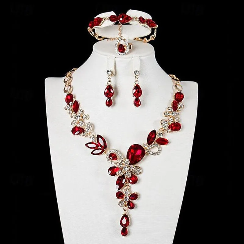Elegant 4-Piece Geometric Bridal Jewelry Set for Women - Rings, Earrings, Necklace & Bracelets for Special Occasions