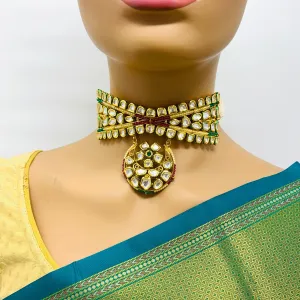 Gold Plated Semi-Precious Ruby & Pearl Choker Kundan Set with Pendant (D958)