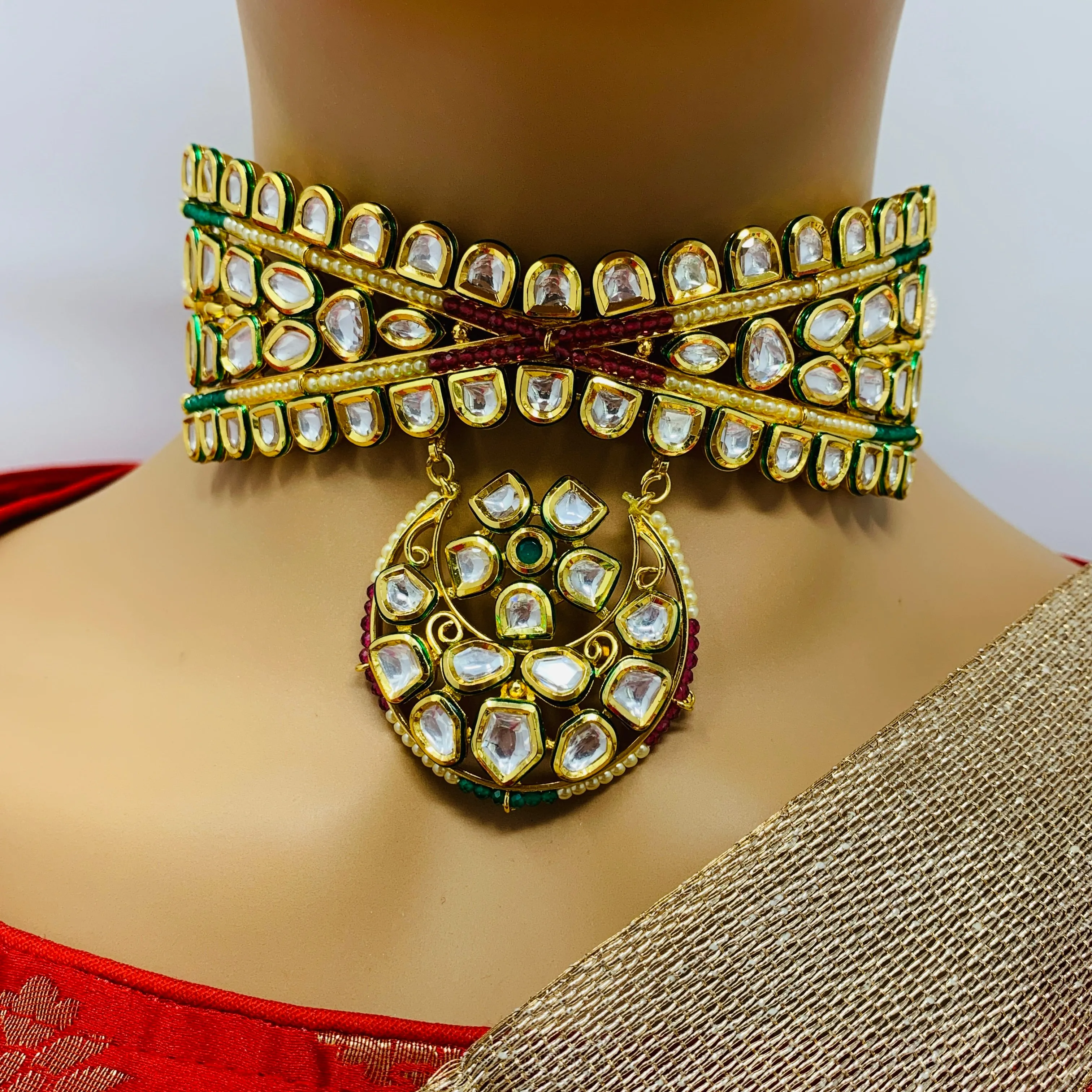 Gold Plated Semi-Precious Ruby & Pearl Choker Kundan Set with Pendant (D958)