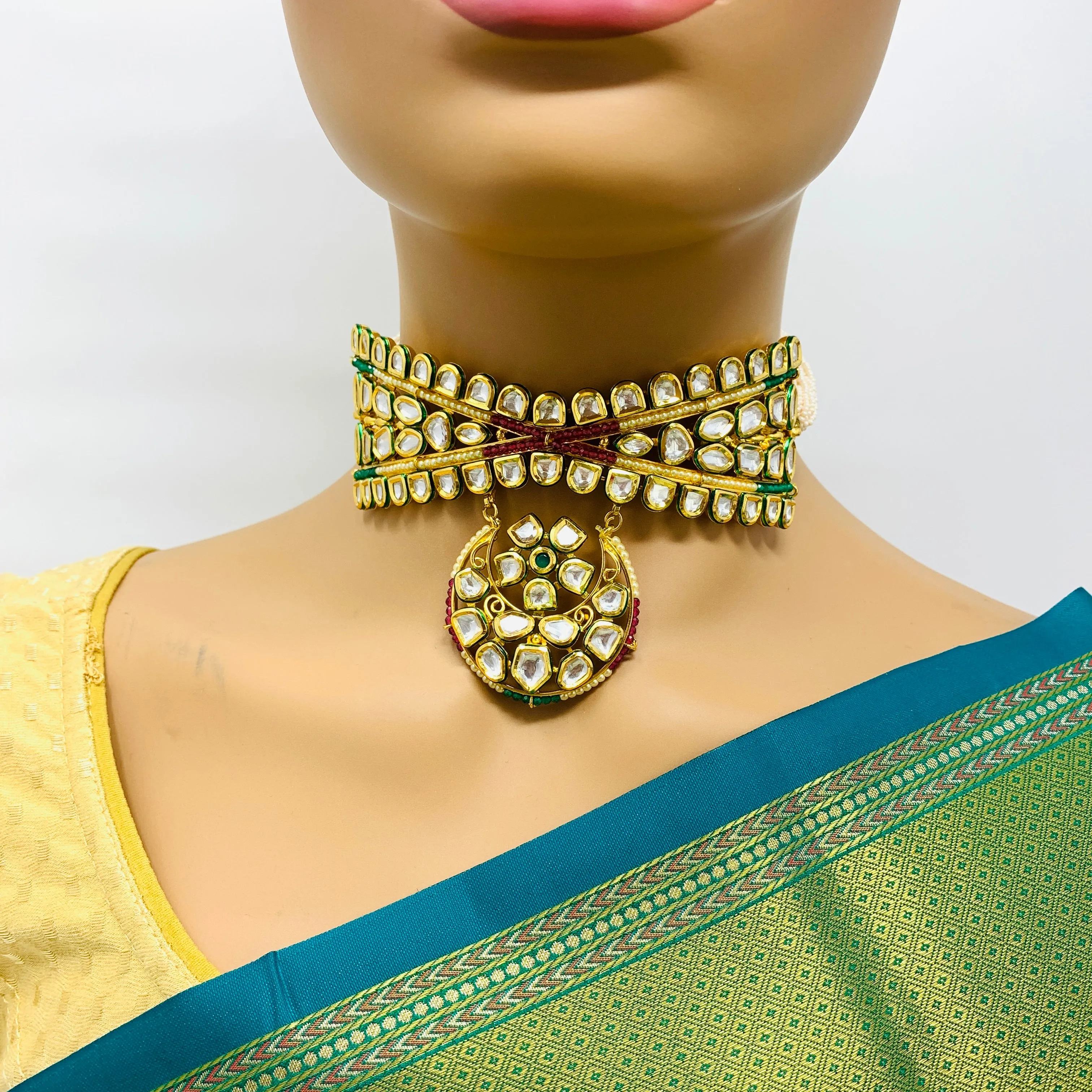 Gold Plated Semi-Precious Ruby & Pearl Choker Kundan Set with Pendant (D958)