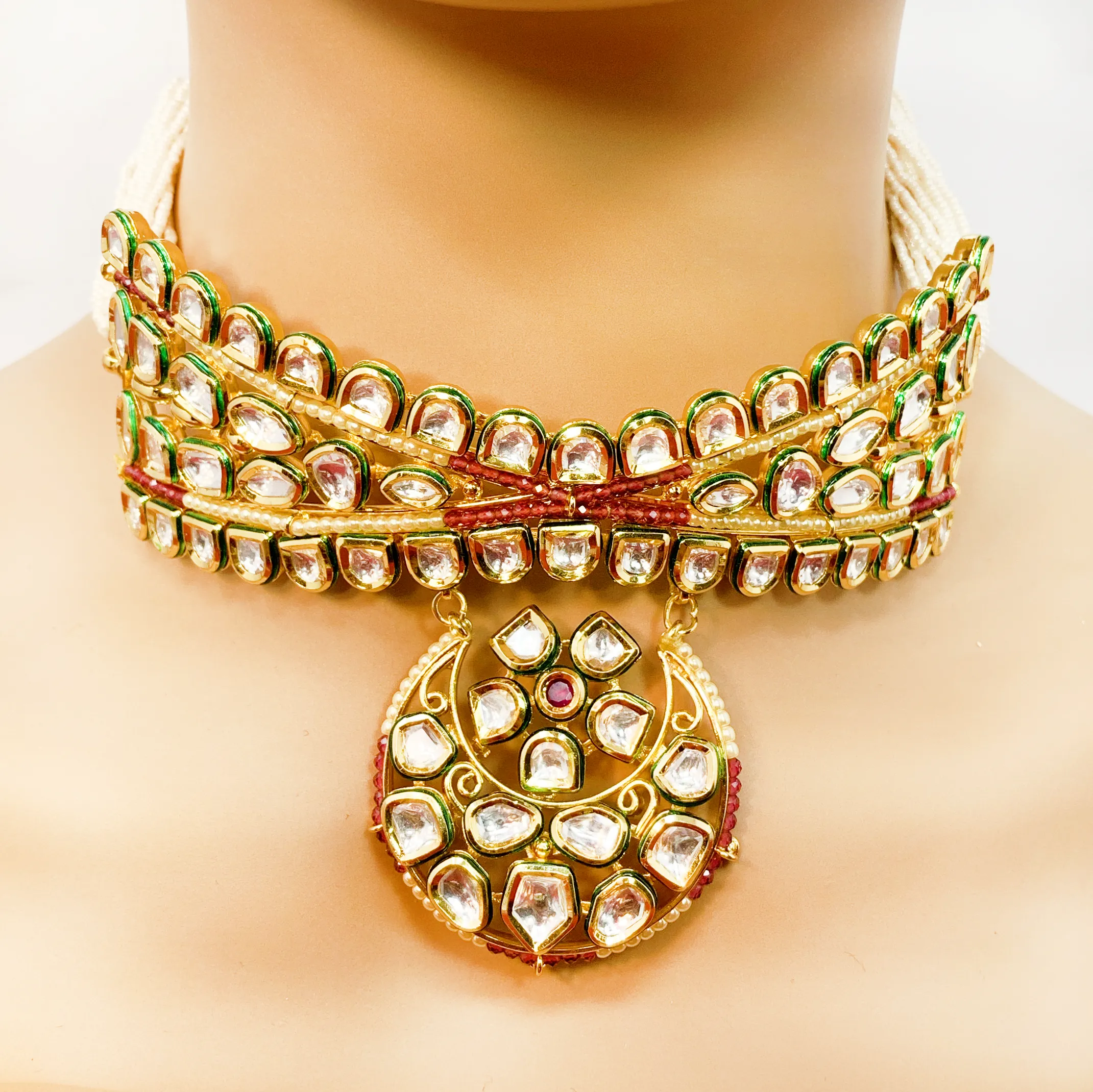 Gold Plated Semi-Precious Ruby & Pearl Choker Kundan Set with Pendant (D958)