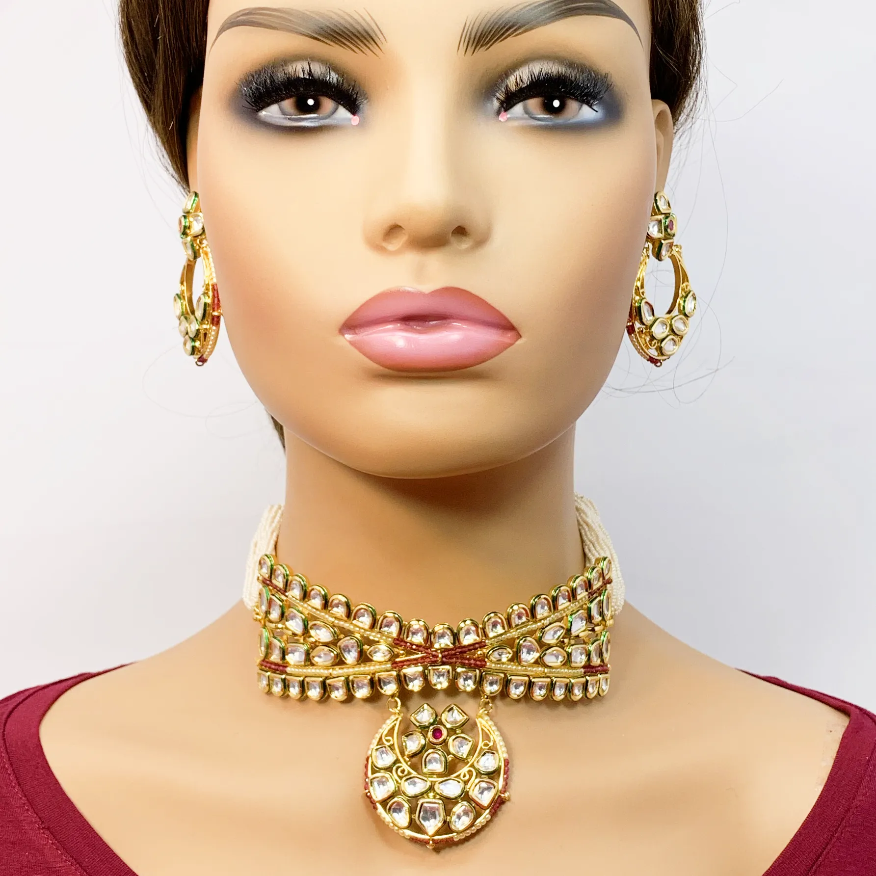 Gold Plated Semi-Precious Ruby & Pearl Choker Kundan Set with Pendant (D958)