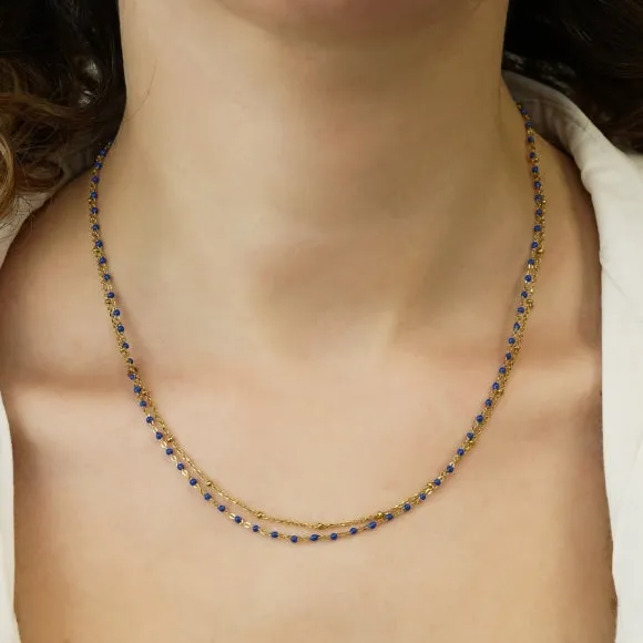 Gregio Simply Me/Tiny Shiny Double Chain Necklace w/ Blue Enamel Beads- Gold