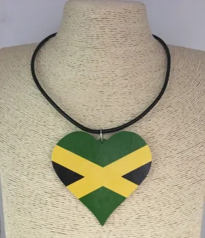 Jamaica Flag Heart  Wooden Pendant Necklace
