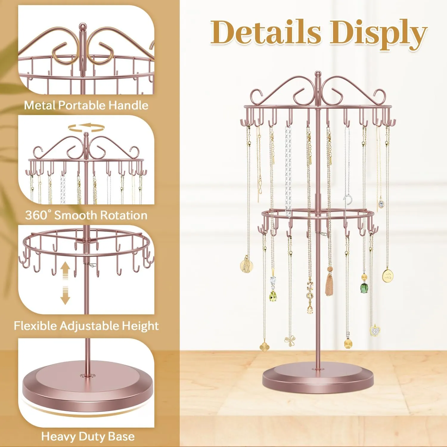 MODOWEY 2 Tier Rotating Necklace Holder Organizer, Adjustable Metal Necklace Display Stand with 42 Hooks, Extra Tall Bracelet Keychain Spinning Tower Tree for Women (Rose gold, 2 Tier)